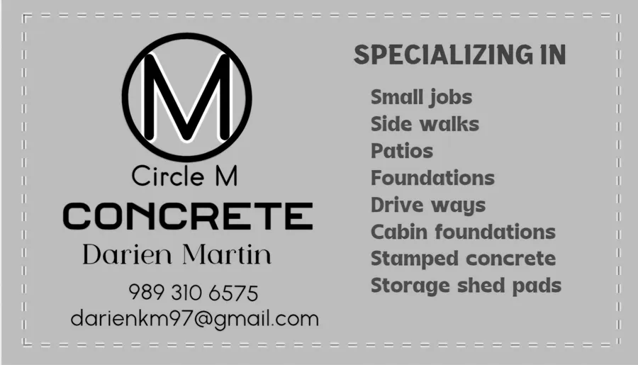Circle M Concrete business card: small jobs, sidewalks, patios, foundations, driveways, cabin foundations, stamped concrete and storage shed pads